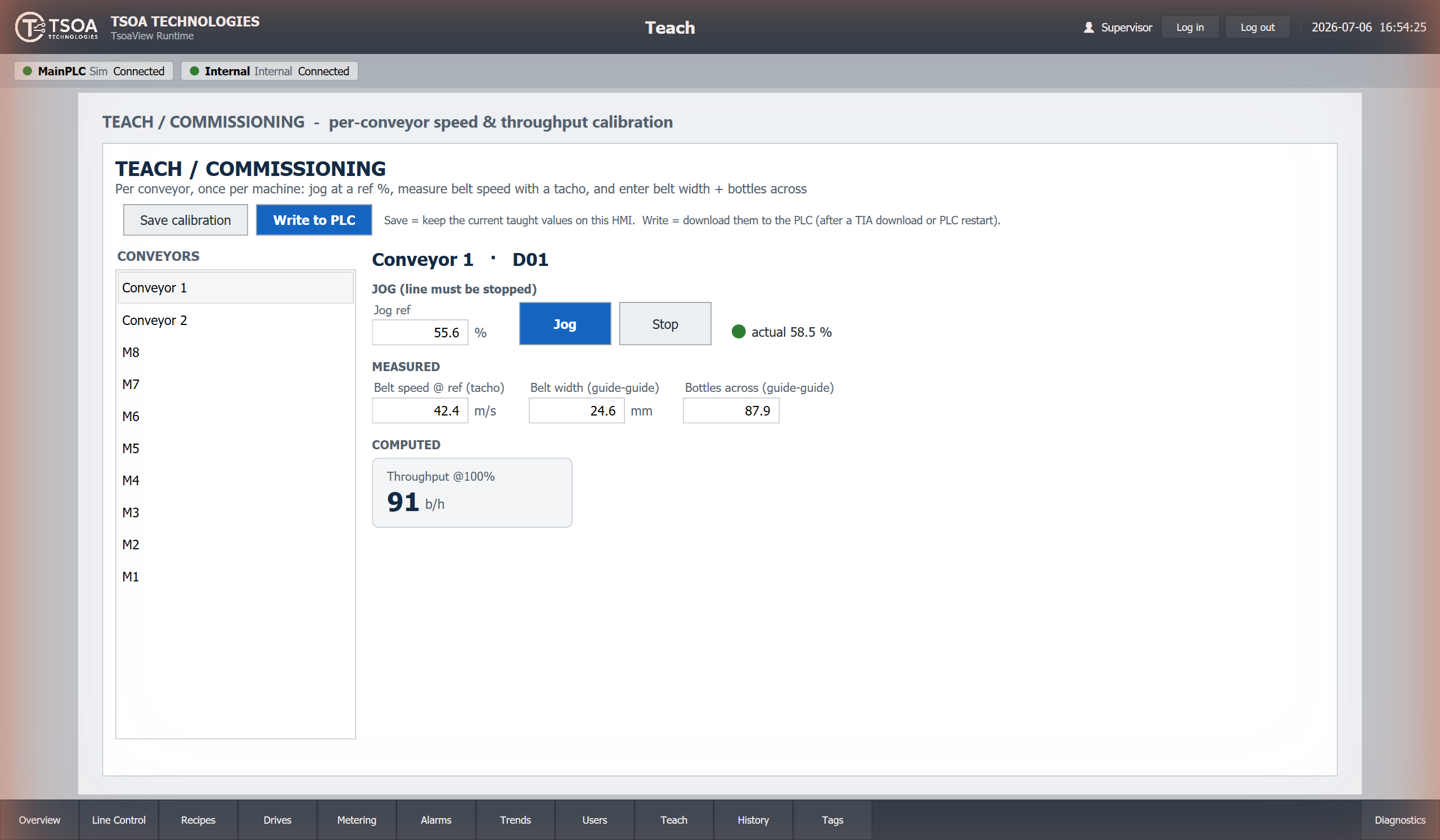 Teach / commissioning screen for speed and throughput calibration