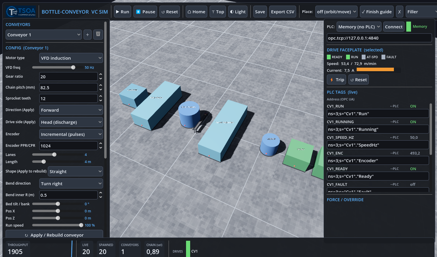 Full line layout with machines, buffers and conveyors