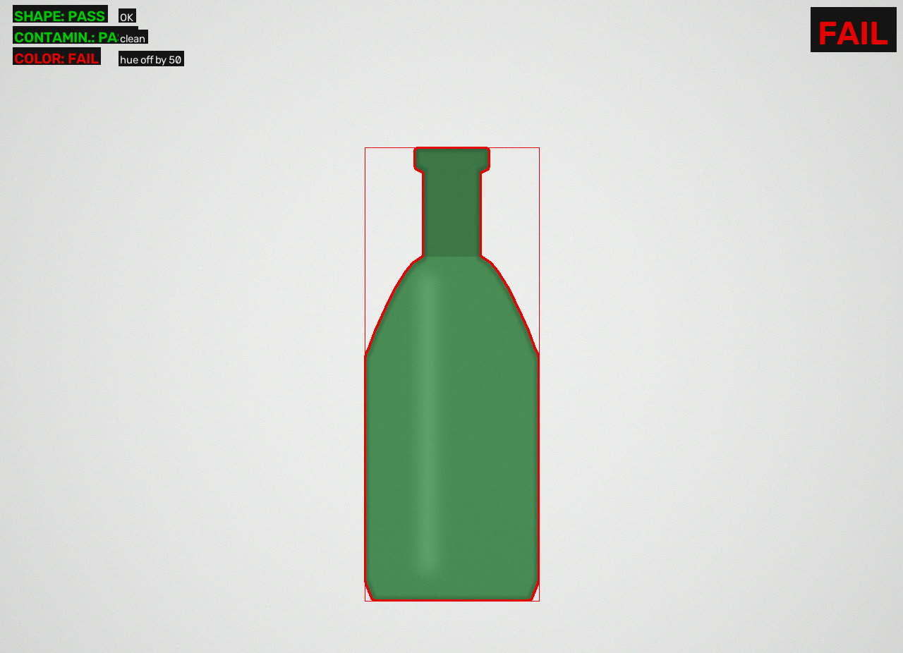 Inspection demo: wrong glass colour rejected — hue outside recipe tolerance