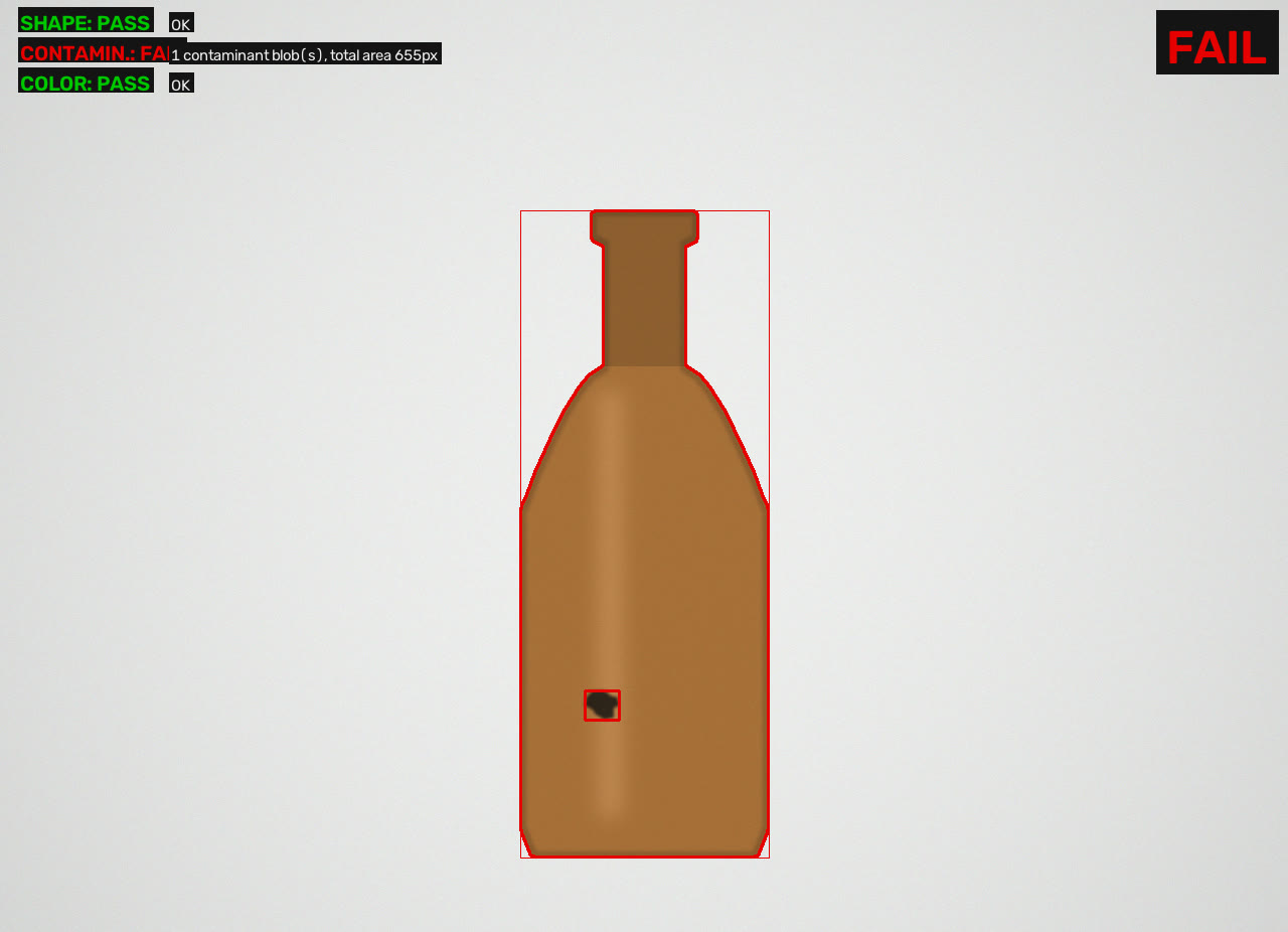 Inspection demo: foreign matter inside the bottle is detected and boxed — contamination FAIL