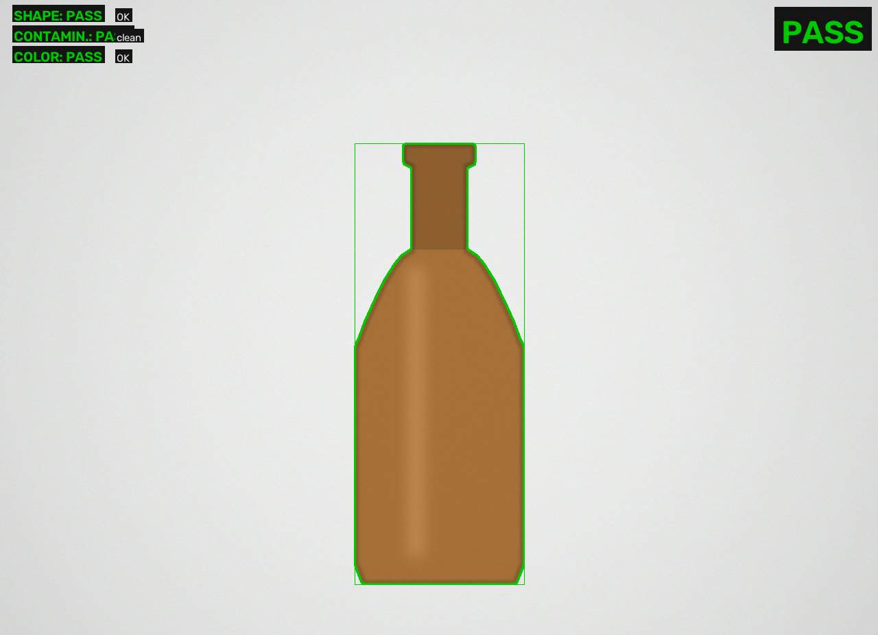 Inspection demo: clean bottle passes shape, contamination and colour checks