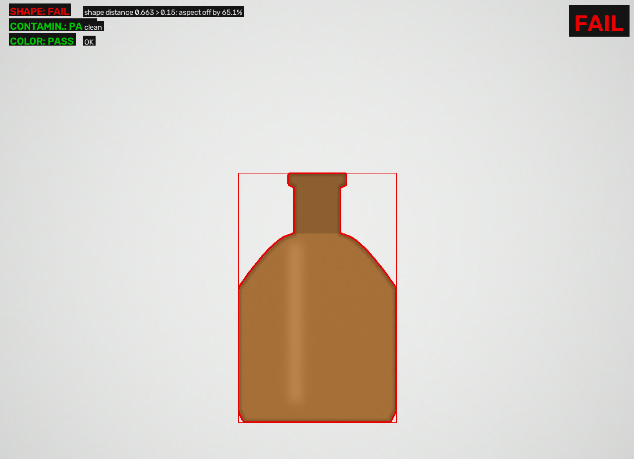 Inspection demo: wrong bottle type rejected on shape — outline and aspect out of tolerance